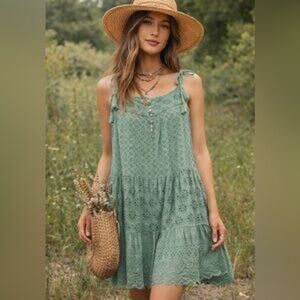 Lucky Brand Tie Sleeve Tiered Eyelet Midi Dress Sage Green Size Small
